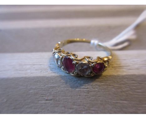 19th Century 15ct gold five stone ruby and diamond half hoop ringRing size M.2.2g in weight.Centre ruby is 5mm x 4mmHas a chi