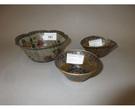 Group of three Plique a Jour enamel floral decorated pedestal bowls 