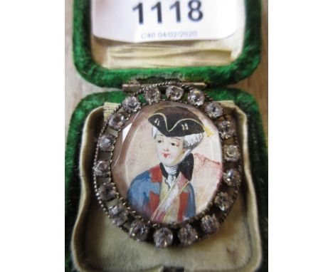 18th Century steel bracelet slide with an oval portrait miniature of a French soldier and paste set surround 