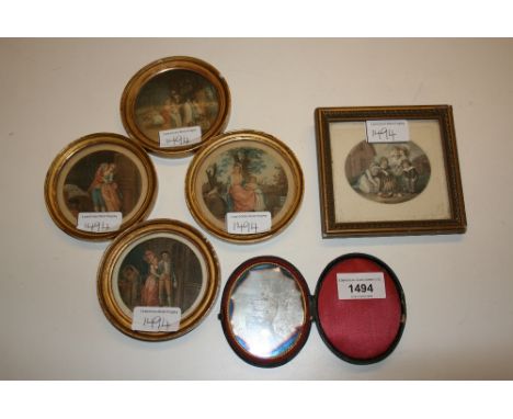 Set of four miniature circular framed stipple engravings after Bailly, together with another small Ambrotype portrait 