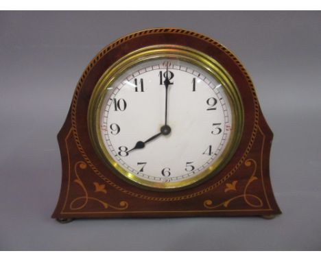 Small Edwardian mahogany and marquetry inlaid mantel clock, the enamel dial with Arabic numerals 