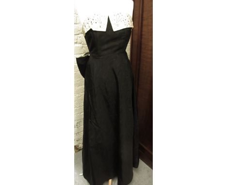 Vintage black and cream moire taffeta evening gown, the bodice embellished with sequins and rhinestones 