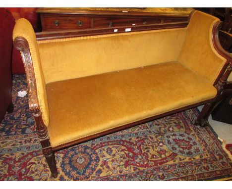 Small reproduction carved mahogany salon sofa with gold upholstery 