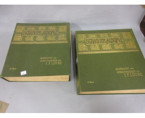 Good quality early 20th Century Schaubek stamp album with printed pages for World stamps and another, both having green canva