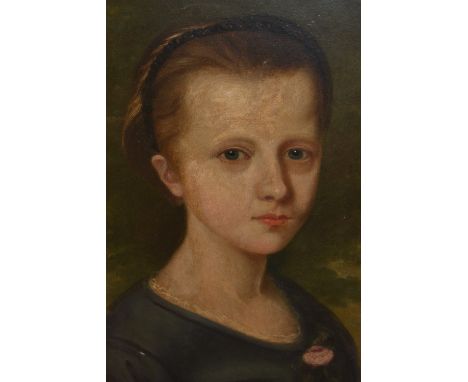 Antique oil on millboard, head and shoulder portrait of a young lady with a red and white rose, gilded oak framed, 14ins x 11