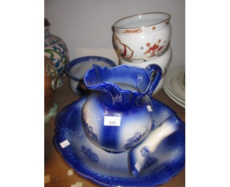 Reproduction blue and white pottery jug and basin, matching chamber pot and boot form vase, together with three Franklin porc