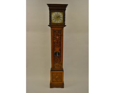 Late 17th Century floral marquetry longcase clock, the square hood above a rectangular panel door with pendulum window, the s