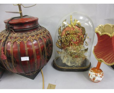 Large oriental lacquer table lamp, a small Kutani vase adapted for use as a table lamp and a gilt metal lace work and floral 