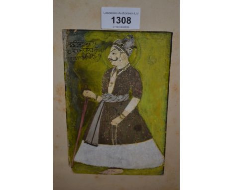 Antique Indian pigment painting, portrait of a nobleman, indistinctly inscribed, 7ins x 4.25ins 