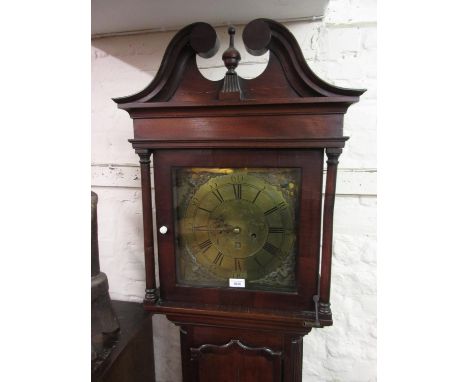 Early 19th Century mahogany longcase clock, the square hood with swan neck pediment above an arched door flanked by quarter p