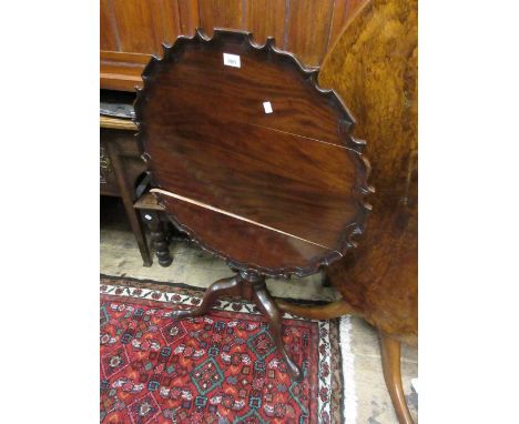 Mahogany pedestal occasional table in George III style with a pie crust top, turned column support and tripod base (at fault)