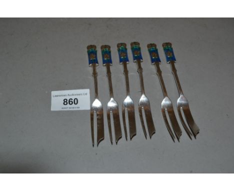 Set of six Liberty and Co. silver cake forks with enamel decorated handles after a design by Archibald KnoxCouple of small ch