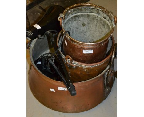 Large iron mounted copper cooking cauldron together with two other cylindrical copper buckets and an Anglepoise lamp 