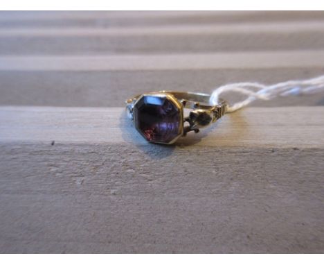 19th Century yellow gold ring set octagonal amethyst with rose cut diamond set shouldersSize MBoth diamonds are present 