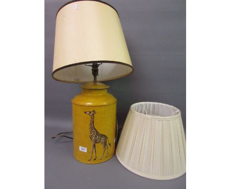 20th Century yellow painted toleware table lamp base with decoupage decoration of a giraffe, with silk pleated shade 