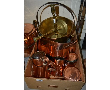 19th Century brass warming pan with iron handle, pair of brass candlesticks, brass blow lamp and other items of brassware 