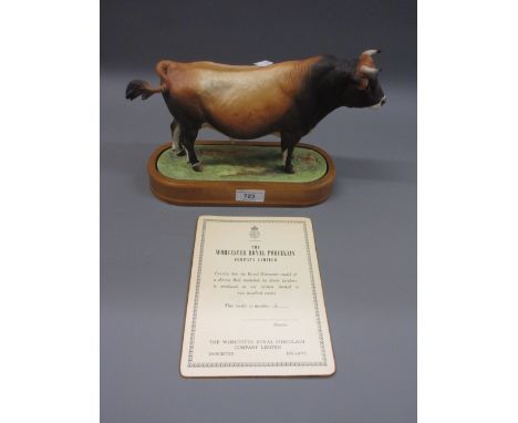 Royal Worcester porcelain figure of a Jersey bull by Doris Lindner, with certificate, 12 of 500, mounted on a wooden base (ta
