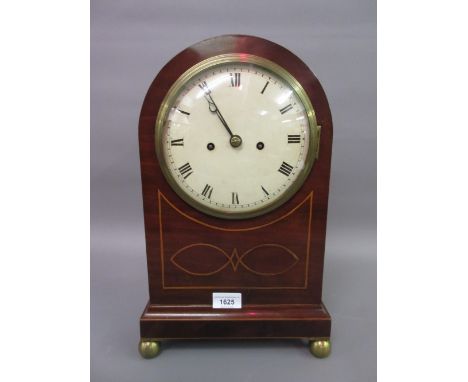 Early 19th Century mahogany and boxwood line inlaid dome top bracket clock, the enamel dial with Roman numerals, the two trai