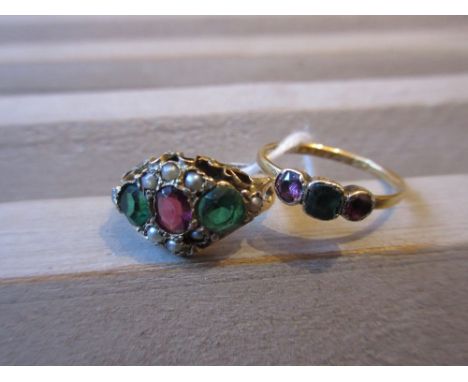 19th Century 15ct yellow gold ring set amethyst seed pearl and two green stones, together with a 22ct gold three stone ring (