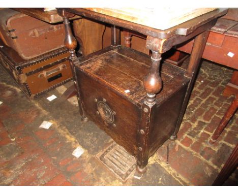 Small oak box seat monks bench together with a mahogany three shelf open corner wall bracket 