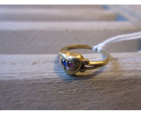 18ct Yellow gold heart shaped signet ring set sapphire, ruby and diamondSize JBottom of the heart is worn. 1.7g 