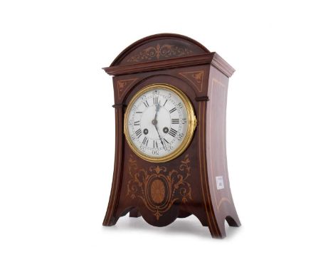 LATE VICTORIAN INLAID MAHOGANY MANTEL CLOCK, the twin train movement by Marti et Cie., striking on a coil, the white enamel d