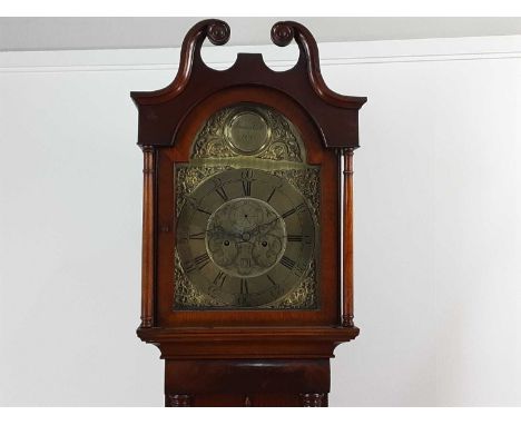 GEORGE III MAHOGANY LONGCASE CLOCK, LATE 18TH / EARLY 19TH CENTURY with broken swan neck pediment above brass chapter ring se