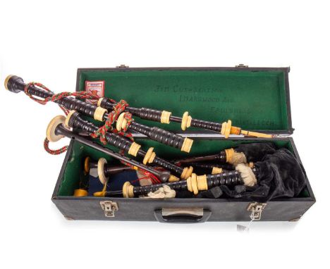 R.G. HARDIE OF GLASGOW, SET OF BAGPIPES, MID-20TH CENTURY  in turned hardwood (possibly African blackwood) with ivory ferrule