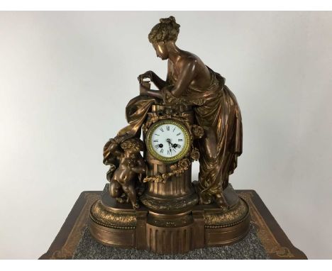 FRENCH FIGURAL BRONZED SPELTER MANTEL CLOCK, LATE 19TH CENTURY the enamelled chapter ring set with Roman numerals, the eight 