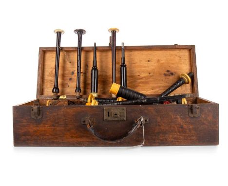 COLLECTION OF BAGPIPE PARTS, LATE 19TH / EARLY 20TH CENTURY  including a partial set (with degraded mouthpiece and leather ba