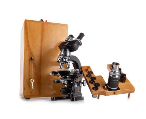 MEOPTA OF PRAGUE, BINOCULAR MICROSCOPE, no. 187333, with 20 0,45, 10 0,30, 8 0,15, and 3x0,10 objective lenses, black lacquer