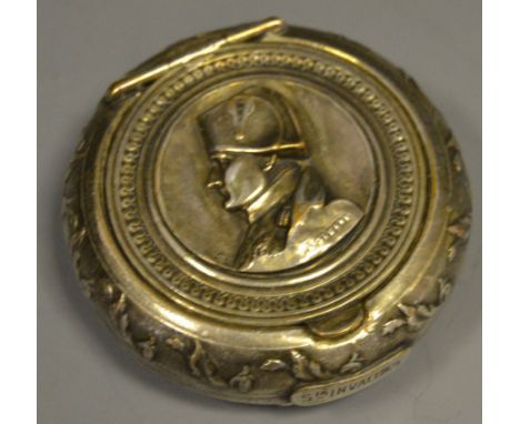 An E,Seurre silver plated snuff box, Napoleon faces to the left, embossed throughout.