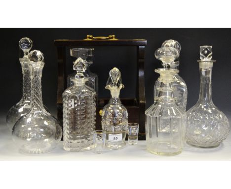 Early 20th century glass decanters including a pair of globe & shaft, etched with stylised stars to body; others; a mid 20th 