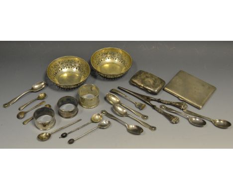 Silver - a pair of pierced sweetmeat baskets by Walker & Hall, Sheffield, hallmarked Sheffield, 1922;teaspoons; cruet spoons;