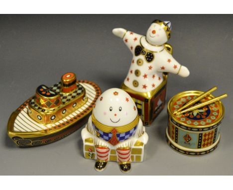 Royal Crown Derby Treasure of Childhood including Jack in the Box, Humpty Dumpty, Toy Drum & sticks & Tug Boat, all first qua