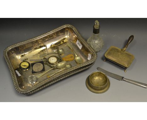 An early 20th century silver mounted scent bottle; a pair of Continental silver sugar bows, stamped with roses; a compass; a 