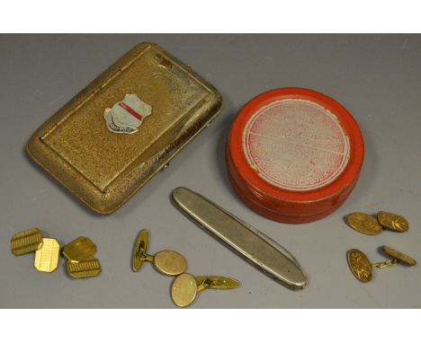 A pair of gentleman's gold plated cufflinks;  others;  ;  a chrome pen knife;  a snuff tin