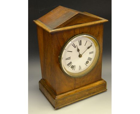 A Victorian walnut bracket clock, architectural case outlined with boxwood and ebony stringing, c.1880