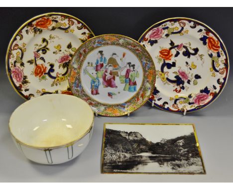 A Cantonese circular plate, pained with oriental figures, banded border with bats and scrolling foliage, c.1880;  two Mason I