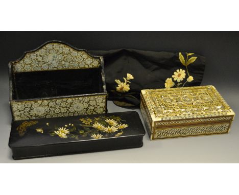 Boxes - a Victorian papier mache memoir/letter box; a Victorian papier mache glove box; a late 19th/early 20th century Vizaga