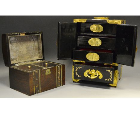 An early 20th century Chinese brass, lacquered and shibayama type dressing table cabinet, c.1920;  a tea caddy (2)