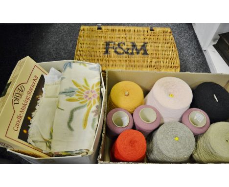 Textiles - crewel work panel;  linen lace;  wool;  Fortnum and Mason hamper;   etc 