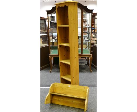 A stripped pine bookcase/shelf;  a modern tall bookcase, with five shelves (2)