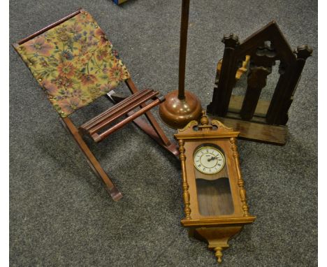 An oak Gothic arched wall mirror with shelf a gout stool; a copper ponch; a modern wall clock. (4)