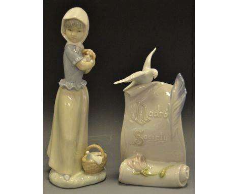 A Lladro Society club bird and scroll, printed 1998;  a Nao farm girl with puppy (2)