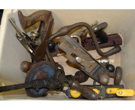 Tools - two Bailey No.4 planes; shoulder brace; other braces; etc.