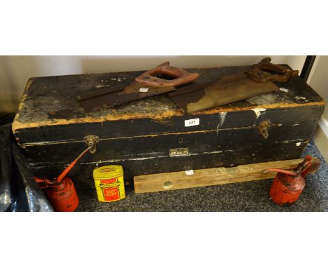 A small carpenter's chest and tools including Record no 0110 plane; Stanley 0110; tenon saws; chisels; spokeshave etc.