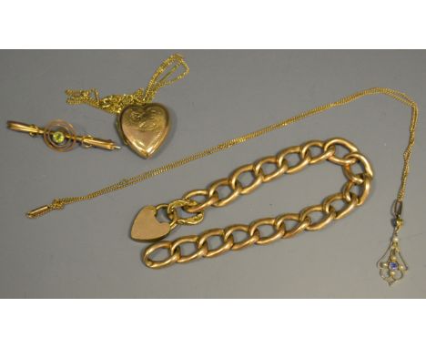 A gold plated belcher link bracelet;  a 9ct gold heart shaped locket pendant'  a 9ct gold target bar brooch;  an Art Nouveau 