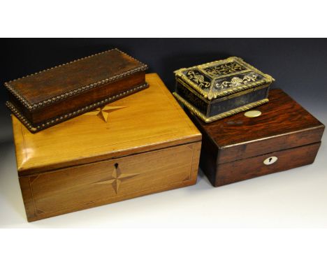 Boxes - a Victorian rosewood caddy escutcheon; another, writing slope, etc. (4)