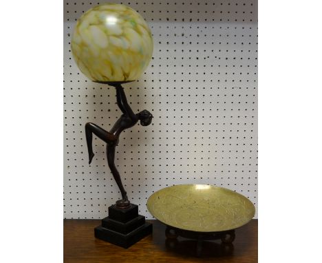 A bronzed figural table lamp as an Art Deco dancing girl holding aloft a globe; a Chinese brass bowl with reticulated wooden 